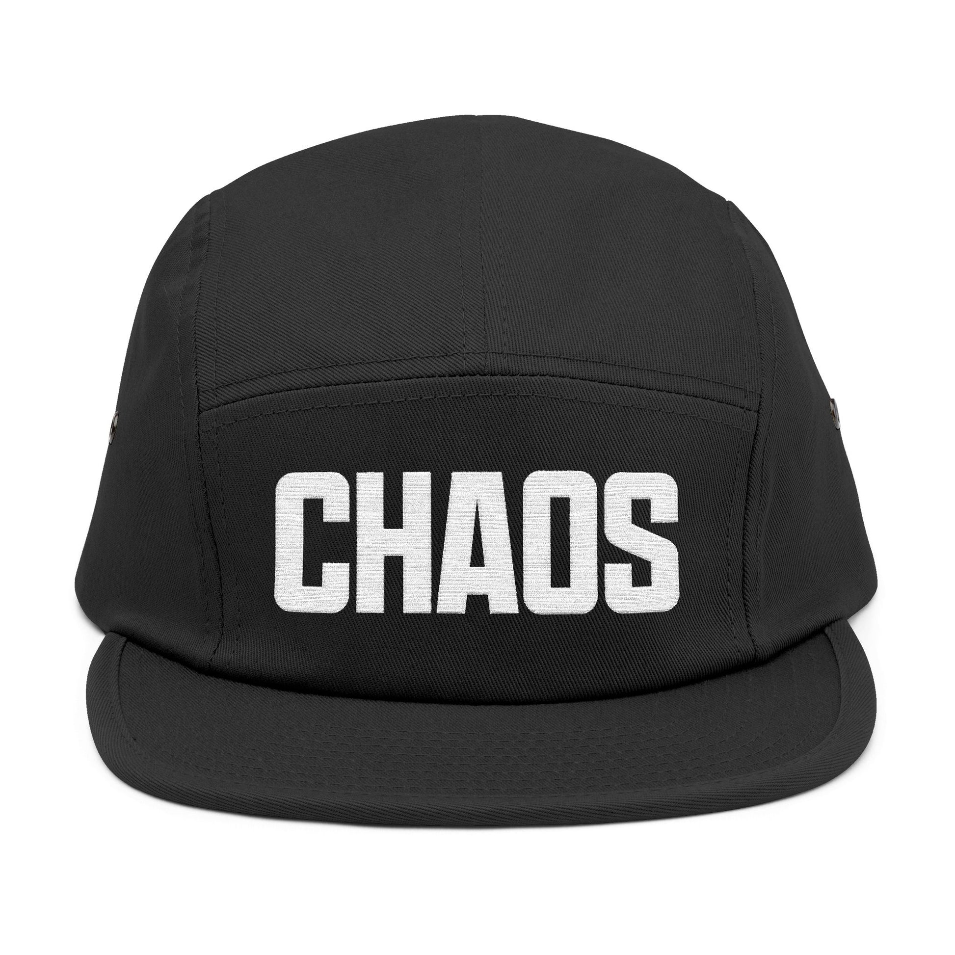 Black cap with 'CHAOS' printed on the front against a white background. CHAOS bold block-letter embroidery design in light beige color. TEEZOCA