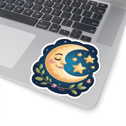 TEEZOCA cute sleeping moon sticker with crescent moon face and stars in night sky