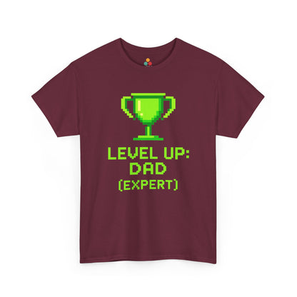 “Maroon gamer dad shirts featuring green pixel trophy and ‘Level Up: Dad (Expert)’ text, flat front view.”

