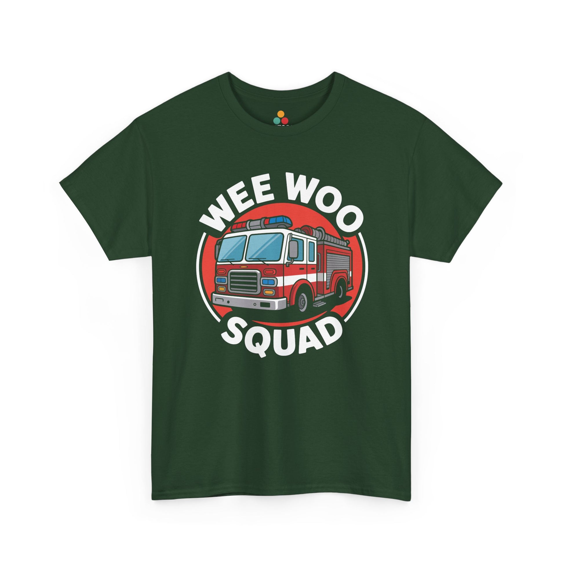“Teezoca Wee Woo Squad shirt, kids fire truck graphic, forest green tee, flat lay.”

