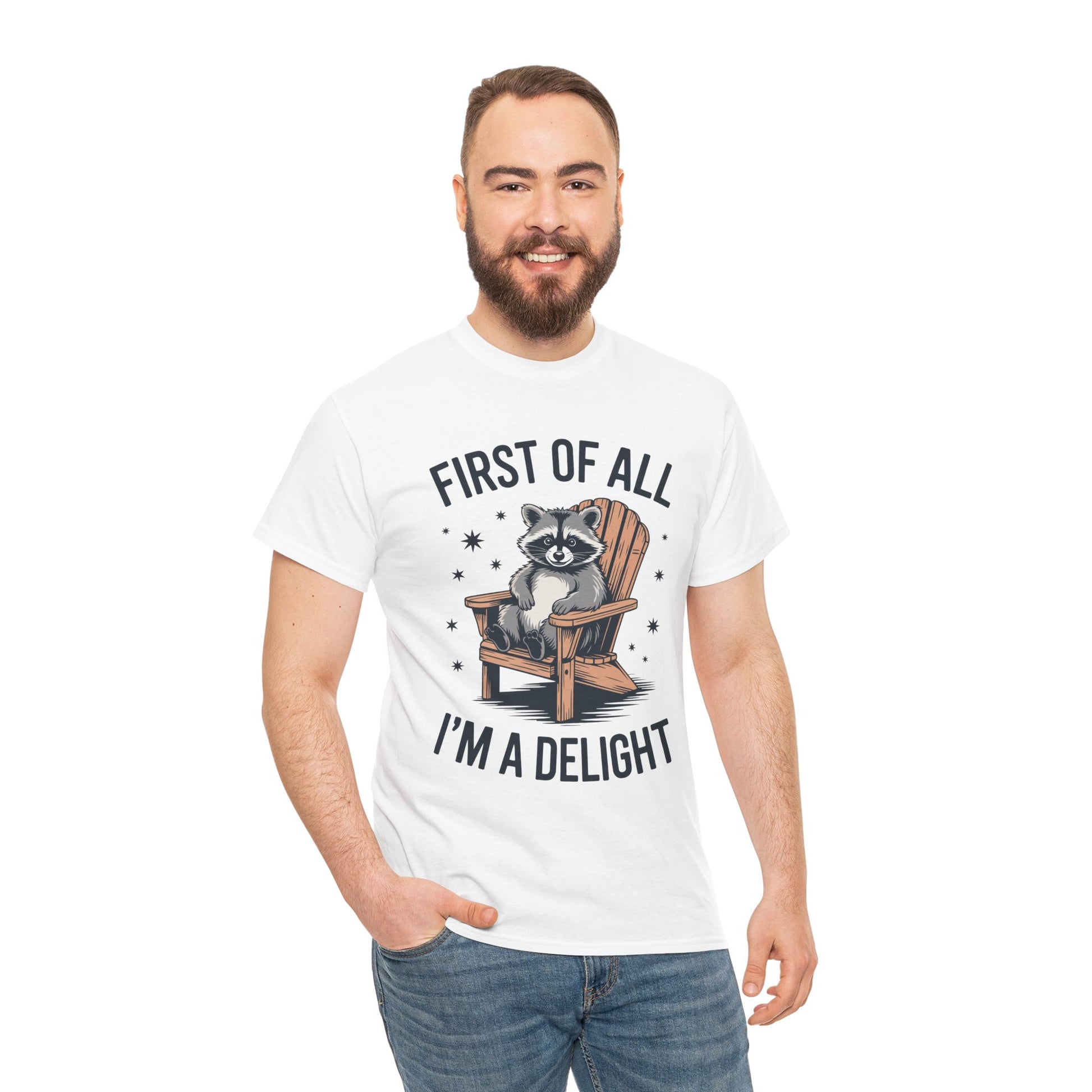 Man wearing a TEEZOCA “First Of All I’m A Delight” lounging raccoon graphic tee.