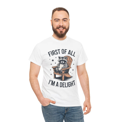 Man wearing a TEEZOCA “First Of All I’m A Delight” lounging raccoon graphic tee.
