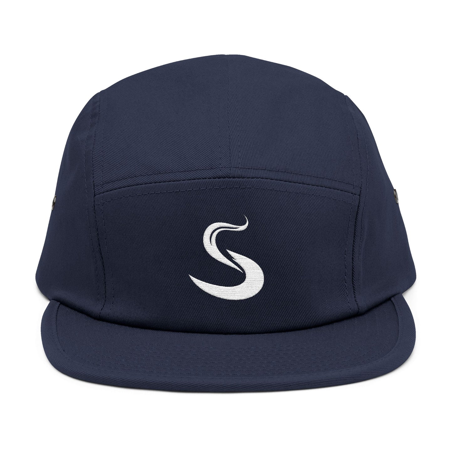 Navy blue cap with a white logo on a white background. Minimalist S-shaped steam swirl embroidery design in bold white stitched on a 5-panel cap by TEEZOCA