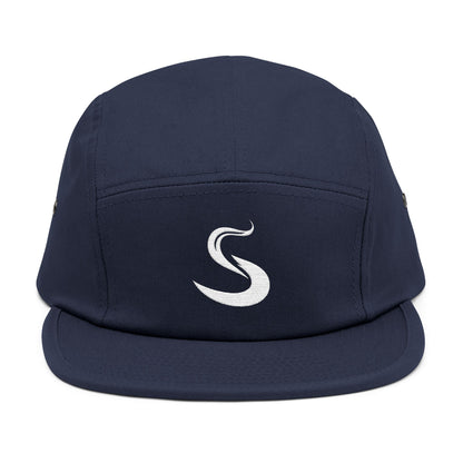 Navy blue cap with a white logo on a white background. Minimalist S-shaped steam swirl embroidery design in bold white stitched on a 5-panel cap by TEEZOCA