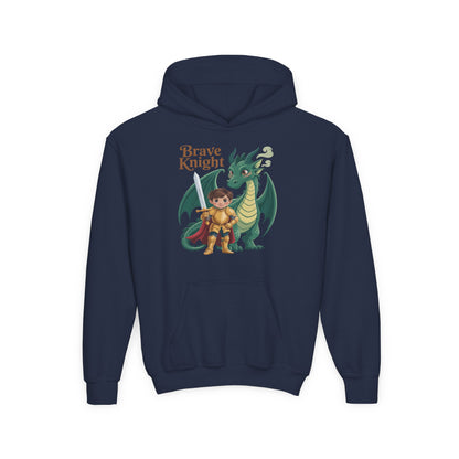 Brave Knight Youth Hoodie — Cute Dragon & Knight Graphic Sweatshirt for Kids TEEZOCA