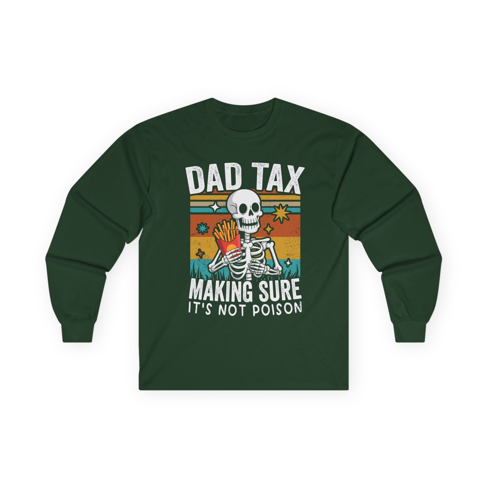 Green long-sleeve shirt with a skeleton graphic and text on a white background