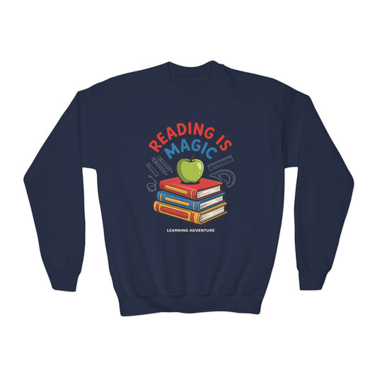 Reading Is Magic Youth Crewneck Sweatshirt – Kids Book Lover Graphic Pullover TEEZOCA