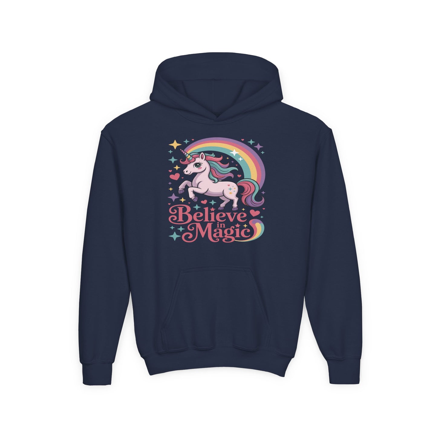 Youth Unicorn Hoodie - "Believe in Magic" Rainbow Pullover TEEZOCA