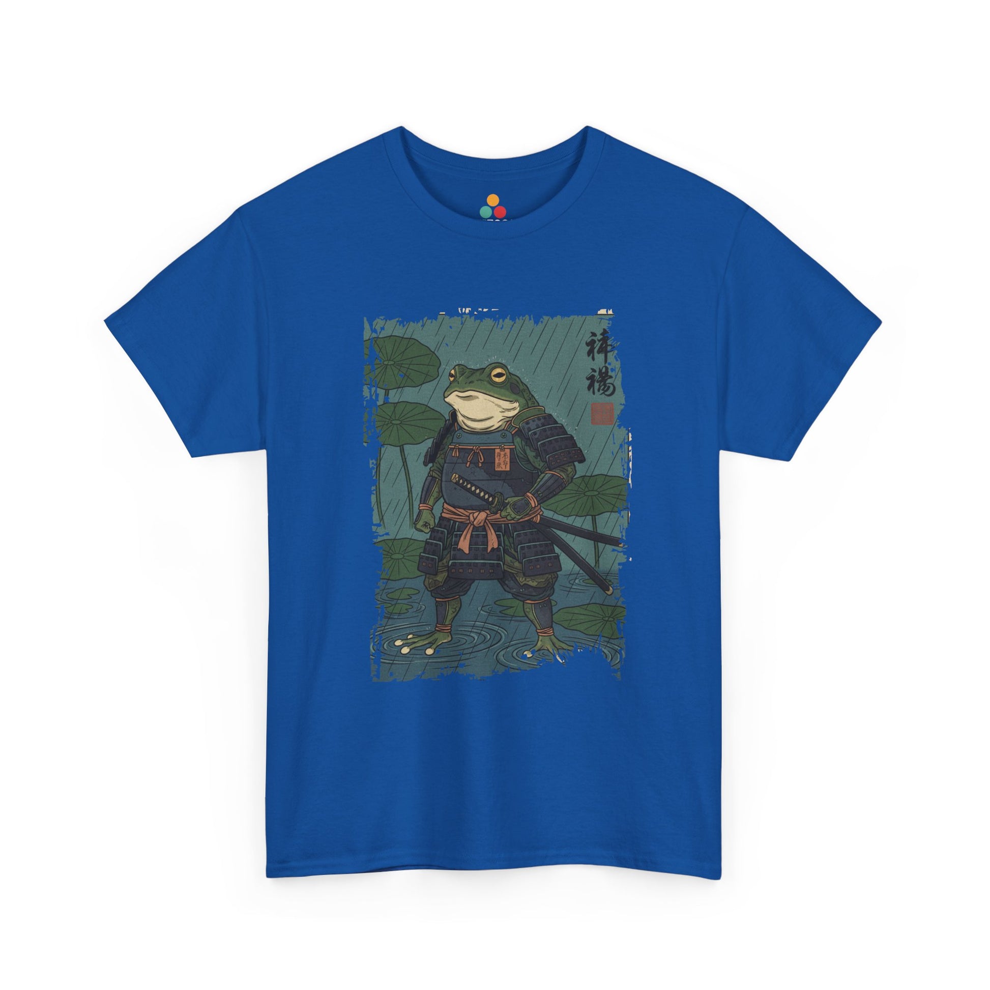 Samurai Frog graphic Blue  tee with ukiyo-e style illustration of a frog warrior in rain.​
