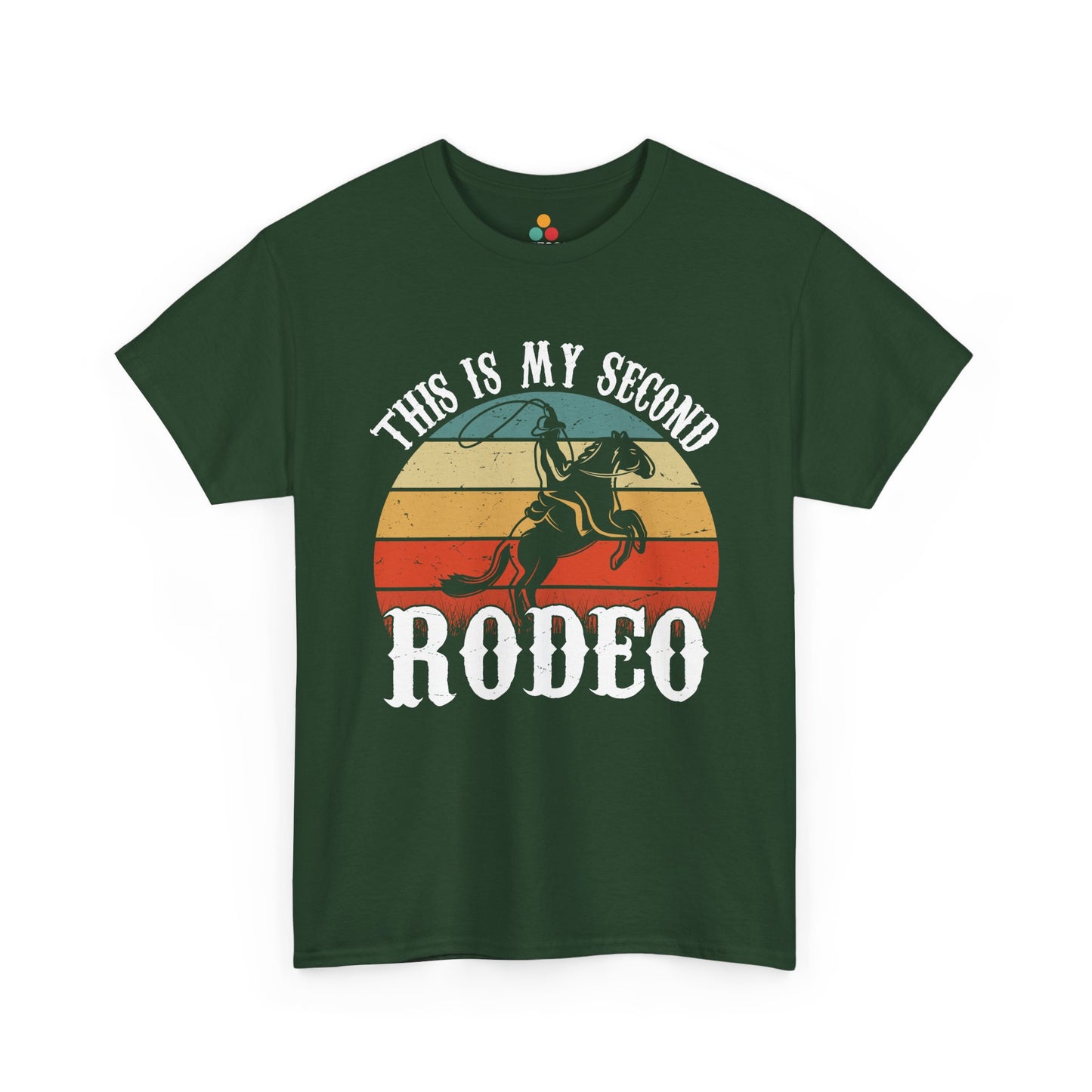 Green t-shirt with a graphic of a cowboy and horse, and text 'This is my second RODEO' on a white background.