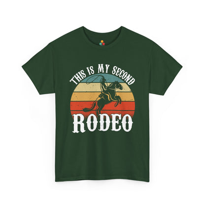 Green t-shirt with a graphic of a cowboy and horse, and text 'This is my second RODEO' on a white background.
