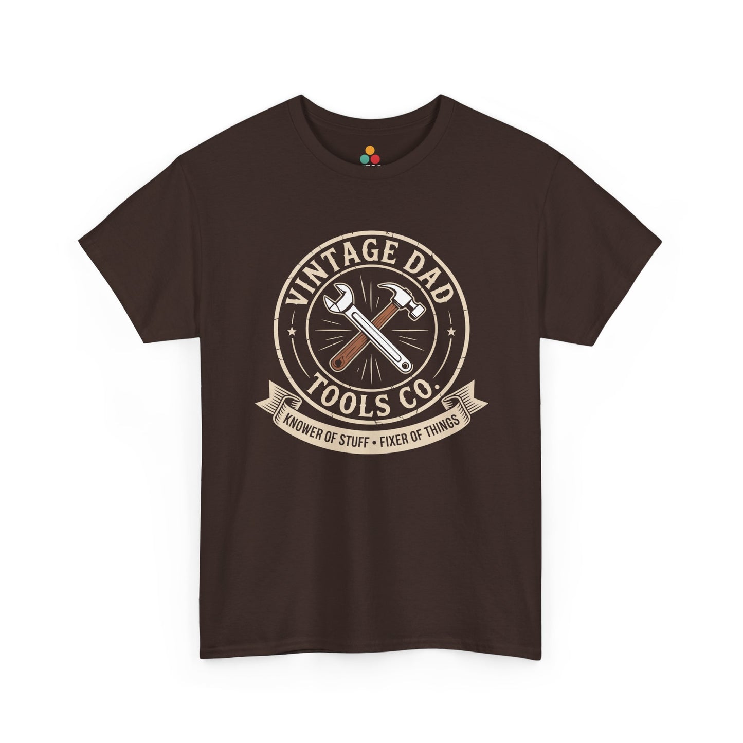TEEZOCA brown “Vintage Dad Tools Co.” funny handyman dad graphic T‑shirt shown flat.