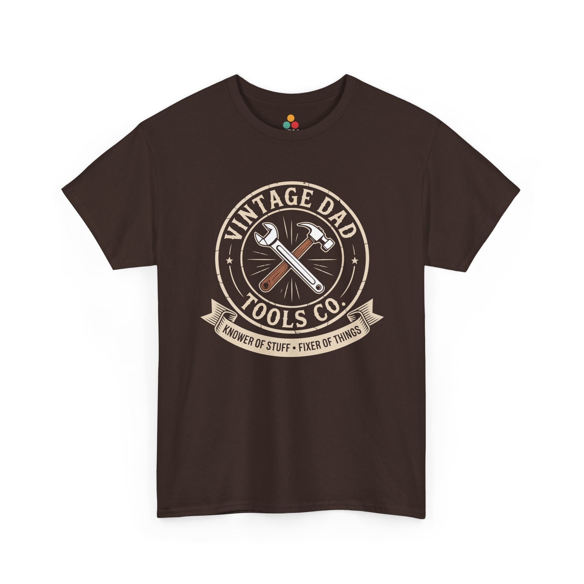 TEEZOCA brown “Vintage Dad Tools Co.” funny handyman dad graphic T‑shirt shown flat.