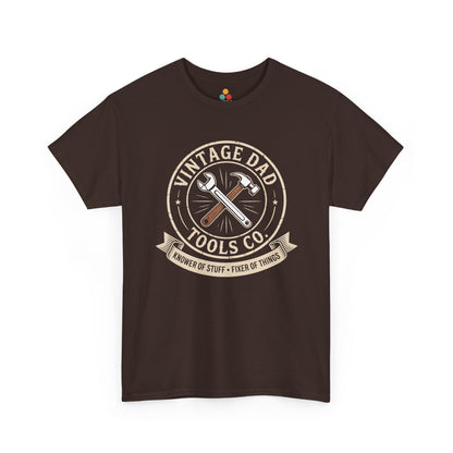 TEEZOCA brown “Vintage Dad Tools Co.” funny handyman dad graphic T‑shirt shown flat.