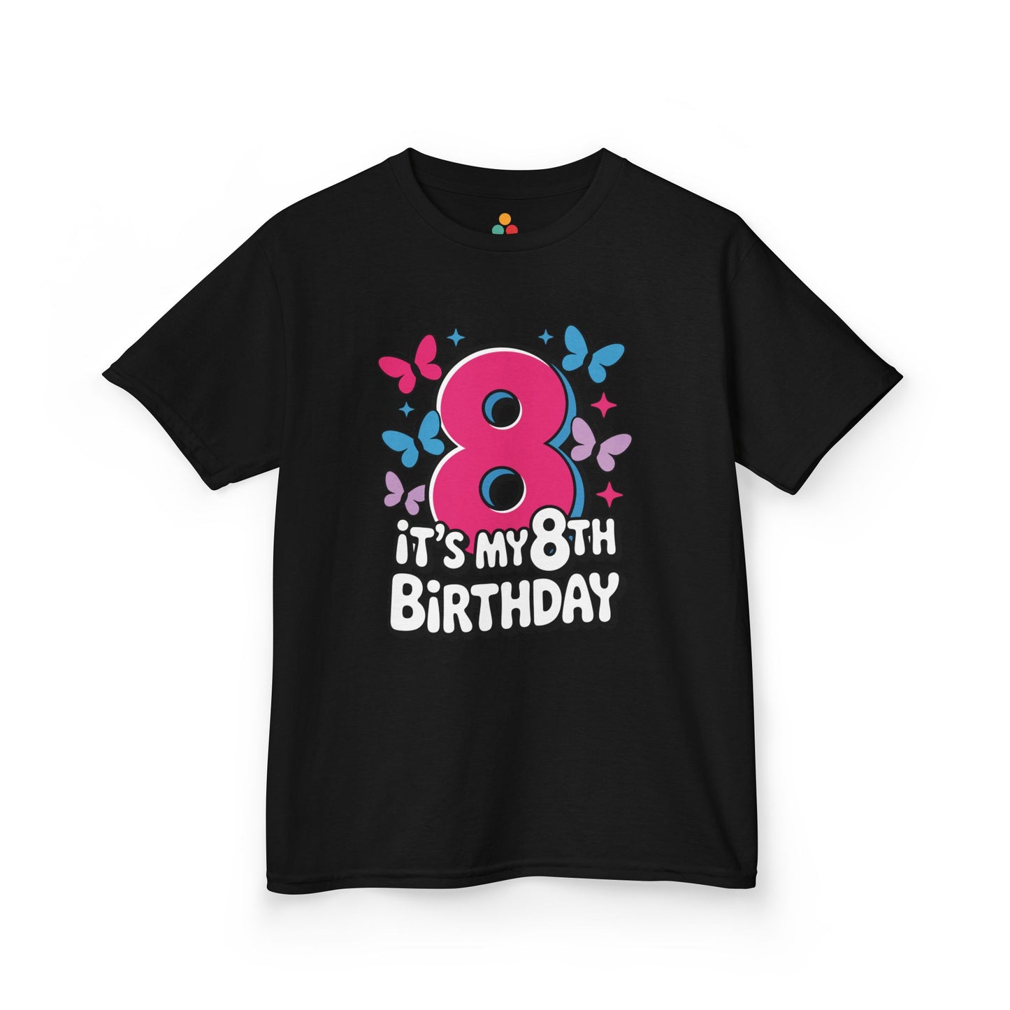 “Black ‘It’s My 8th Birthday’ t-shirt with bright pink 8 and blue and purple butterflies, kids unisex tee, flat display.”

