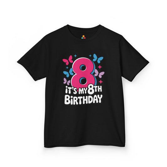 “Black ‘It’s My 8th Birthday’ t-shirt with bright pink 8 and blue and purple butterflies, kids unisex tee, flat display.”

