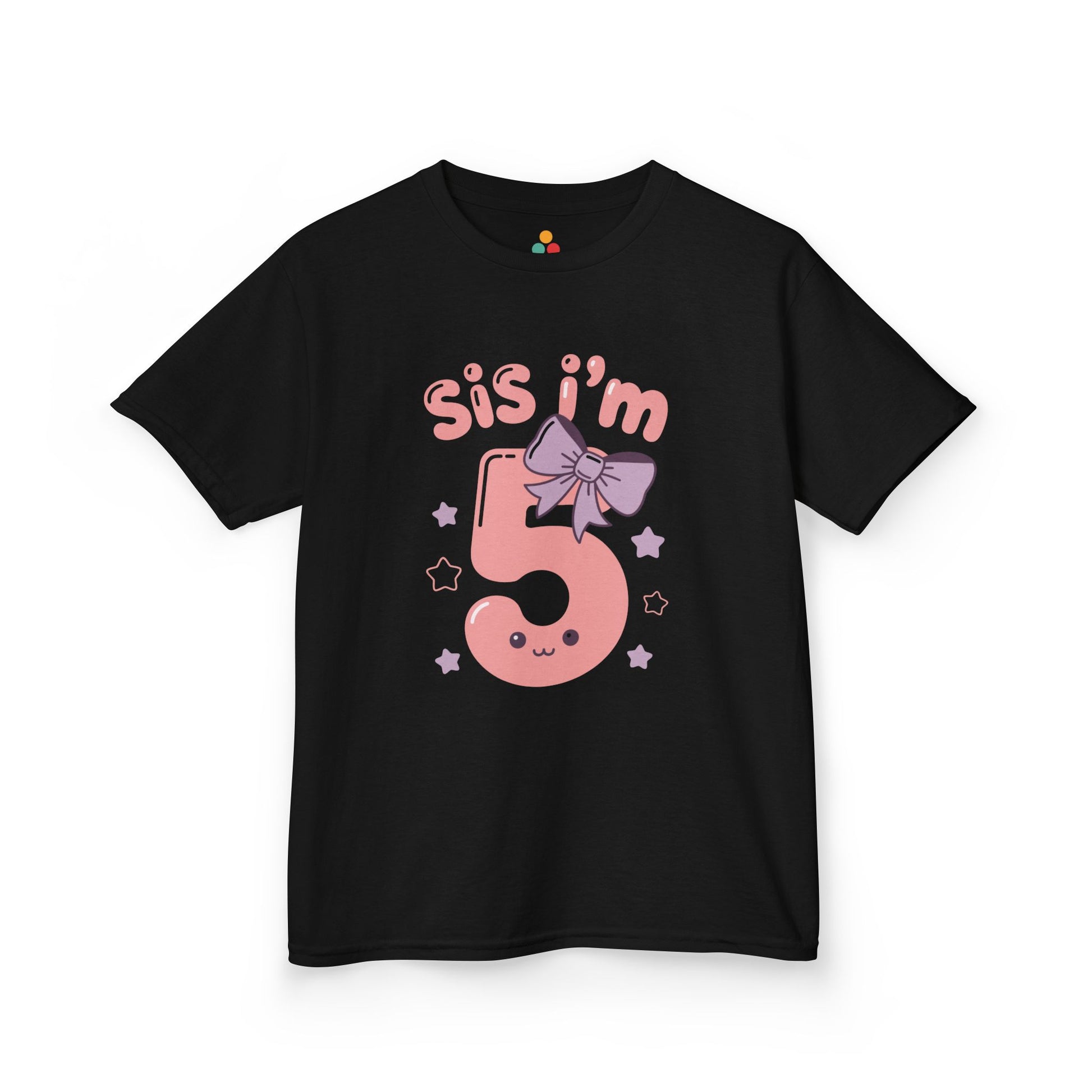  Black kids' t‑shirt with pink "Sis I'm 5" design, bow, and stars, flat front view.