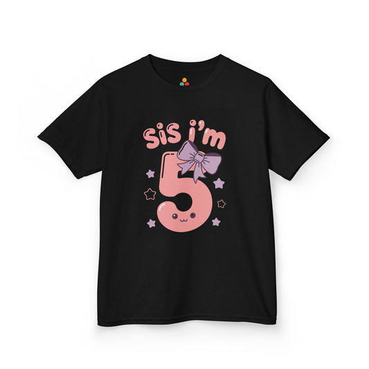  Black kids' t‑shirt with pink "Sis I'm 5" design, bow, and stars, flat front view.