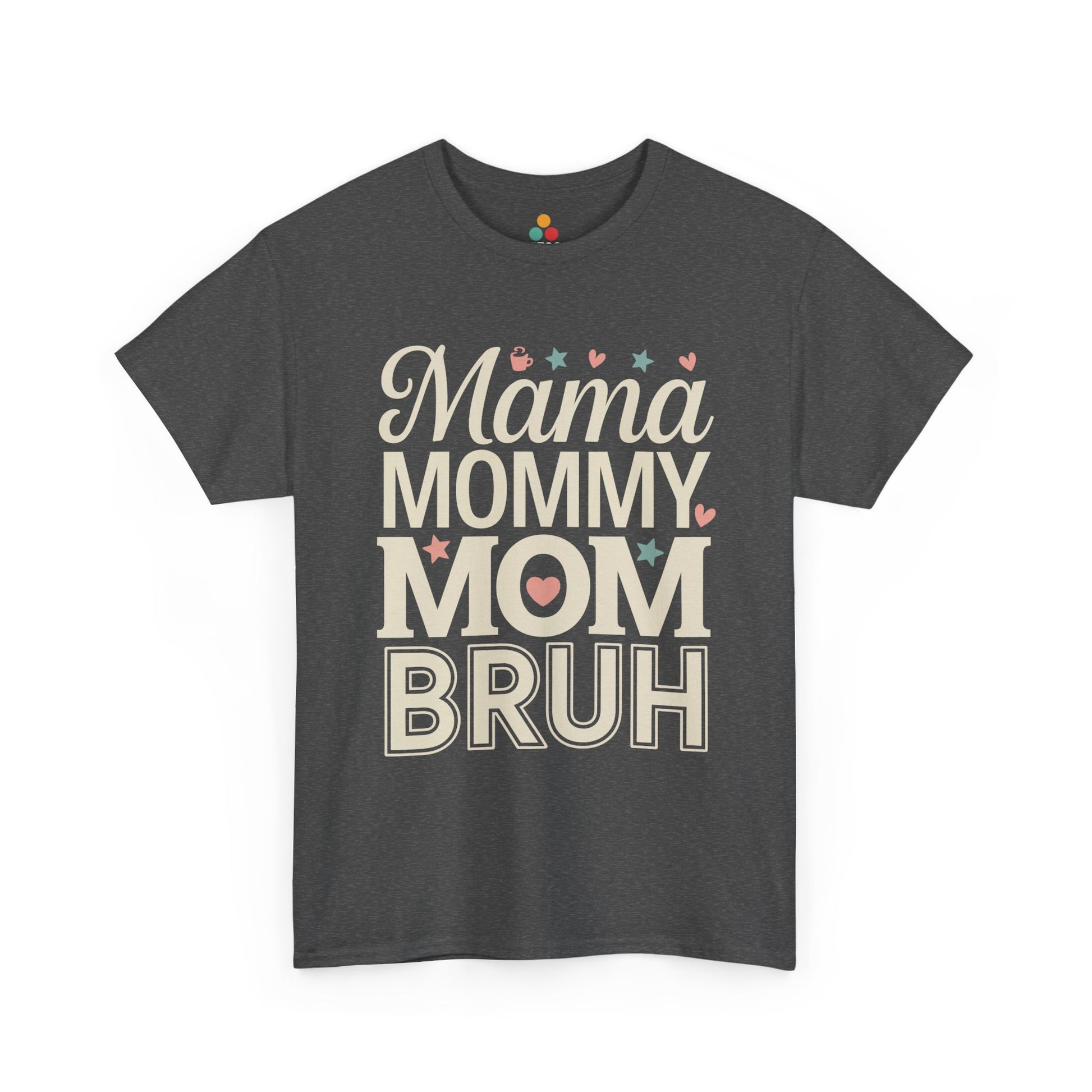 TEEZOCA dark gray “Mama Mommy Mom Bruh” retro mom graphic t‑shirt shown flat.