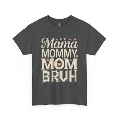 TEEZOCA dark gray “Mama Mommy Mom Bruh” retro mom graphic t‑shirt shown flat.