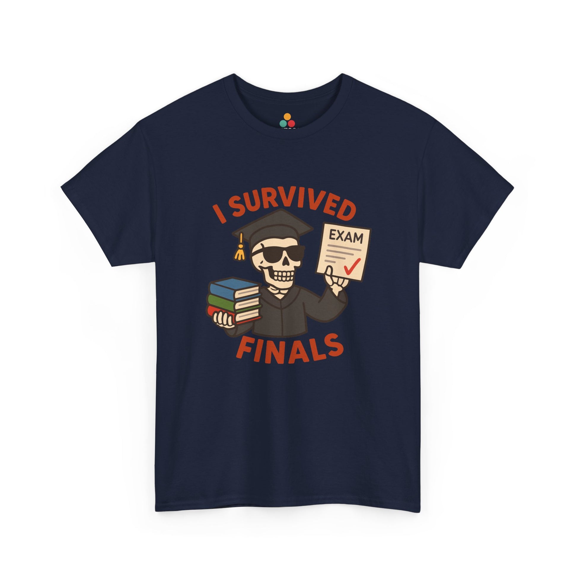 Navy blue t-shirt with a graphic of a skeleton in a graduation cap and gown, holding books and a checkmark, with text 'I Survived Finals' on a white background.