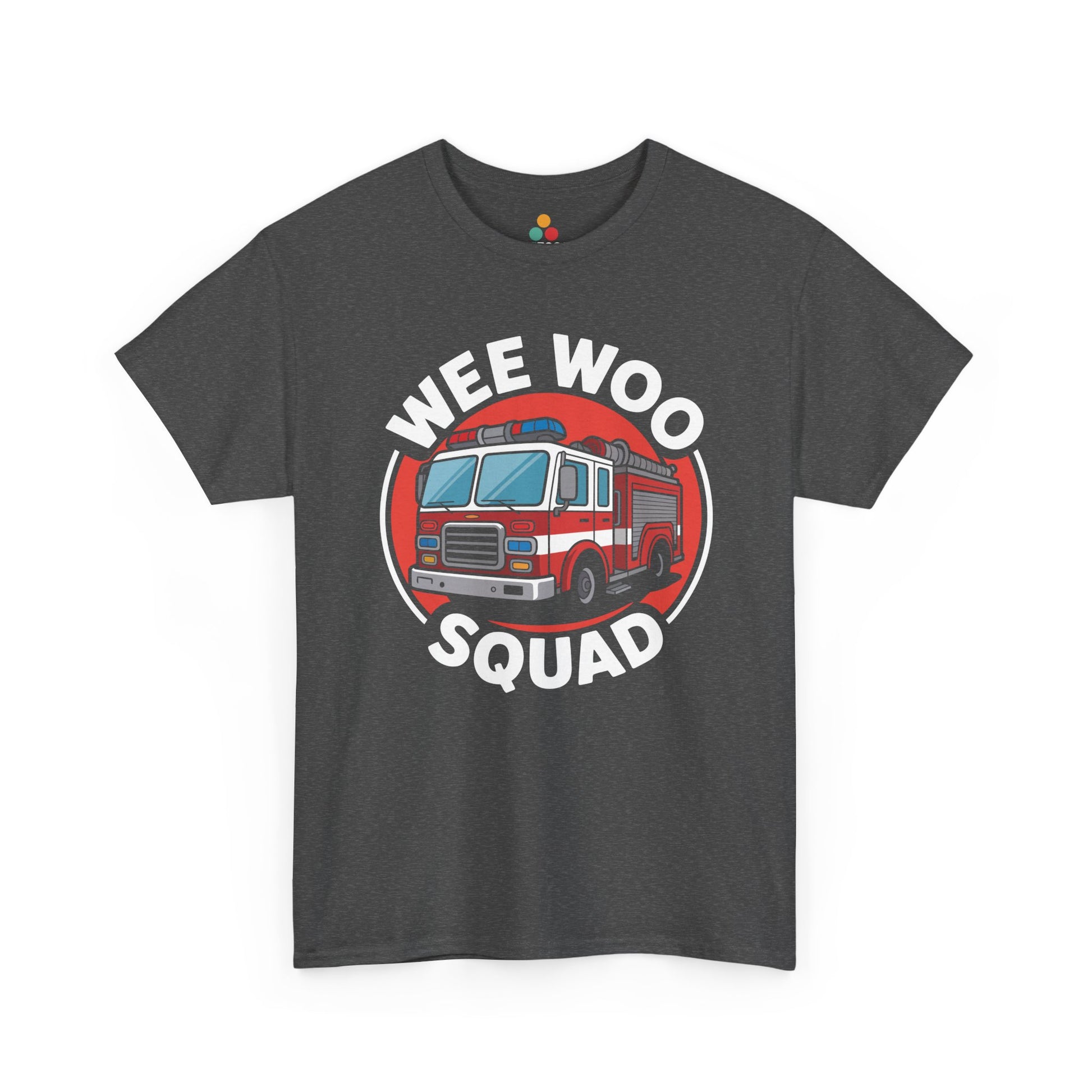 “Teezoca Wee Woo Squad shirt, cartoon fire truck and Wee Woo Squad words, charcoal gray tee, front.”

