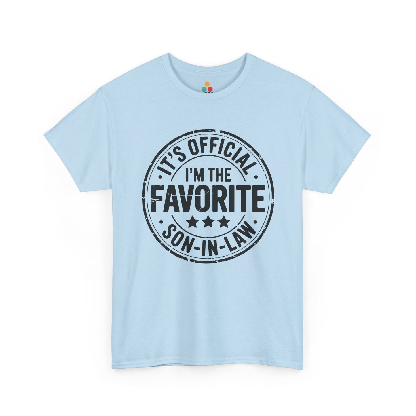 TEEZOCA light blue “It’s Official I’m The Favorite Son‑in‑Law” family joke t‑shirt displayed flat.