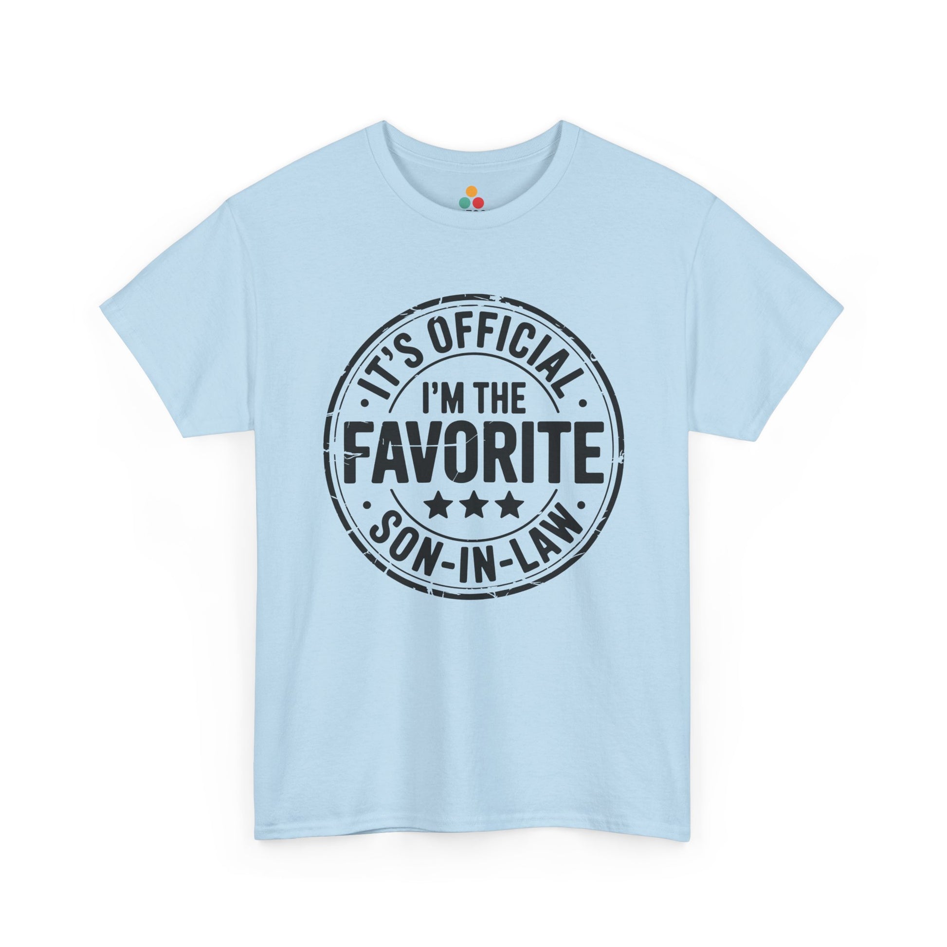TEEZOCA light blue “It’s Official I’m The Favorite Son‑in‑Law” family joke t‑shirt displayed flat.