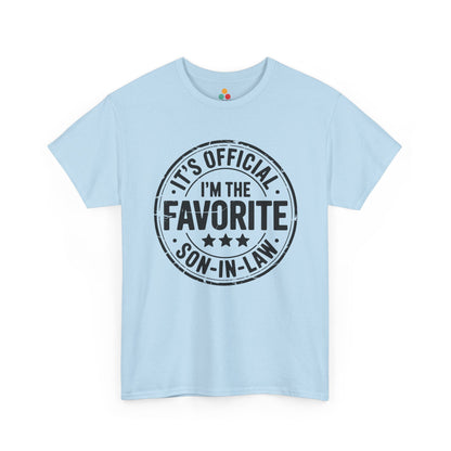 TEEZOCA light blue “It’s Official I’m The Favorite Son‑in‑Law” family joke t‑shirt displayed flat.