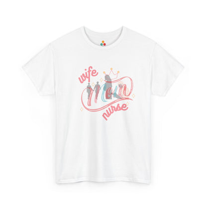 TEEZOCA white “Wife Mom Nurse” floral graphic t‑shirt shown flat.