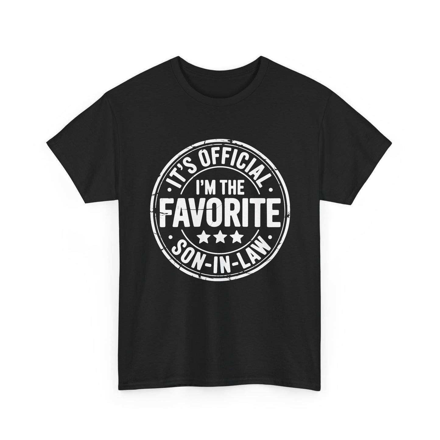 TEEZOCA black “It’s Official I’m The Favorite Son‑in‑Law” white stamp t‑shirt shown flat.