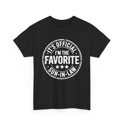 TEEZOCA black “It’s Official I’m The Favorite Son‑in‑Law” white stamp t‑shirt shown flat.