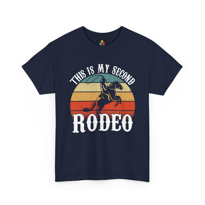 Navy blue t-shirt with a graphic of a cowboy on a horse and 'This is my second rodeo' text on a white background