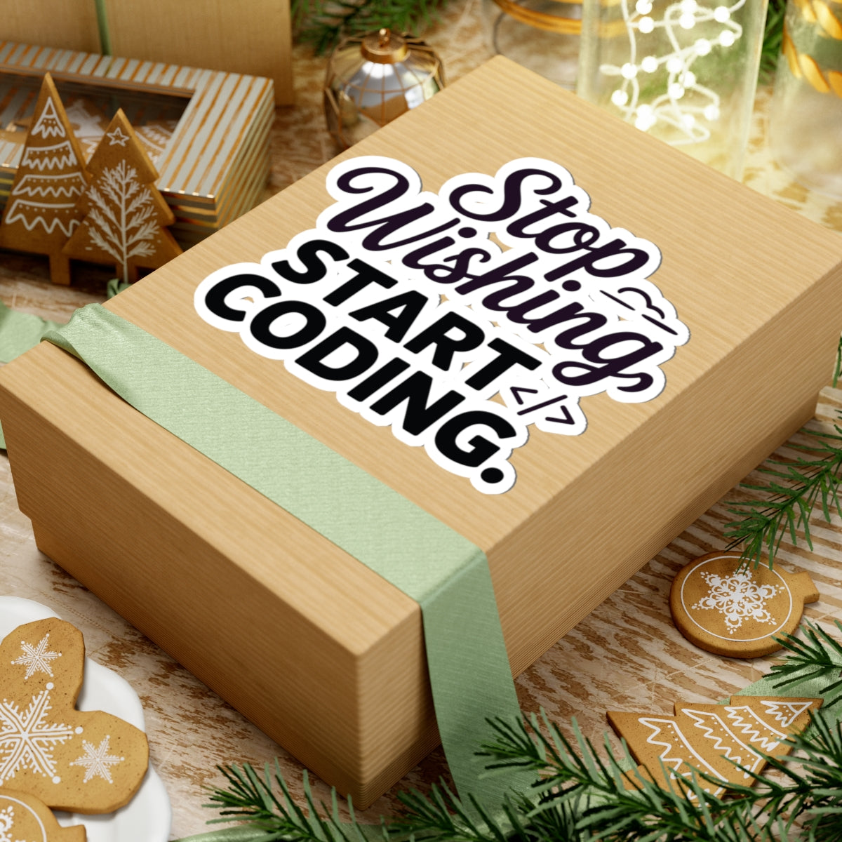 TEEZOCA coding sticker with stop wishing start coding quote and code symbols