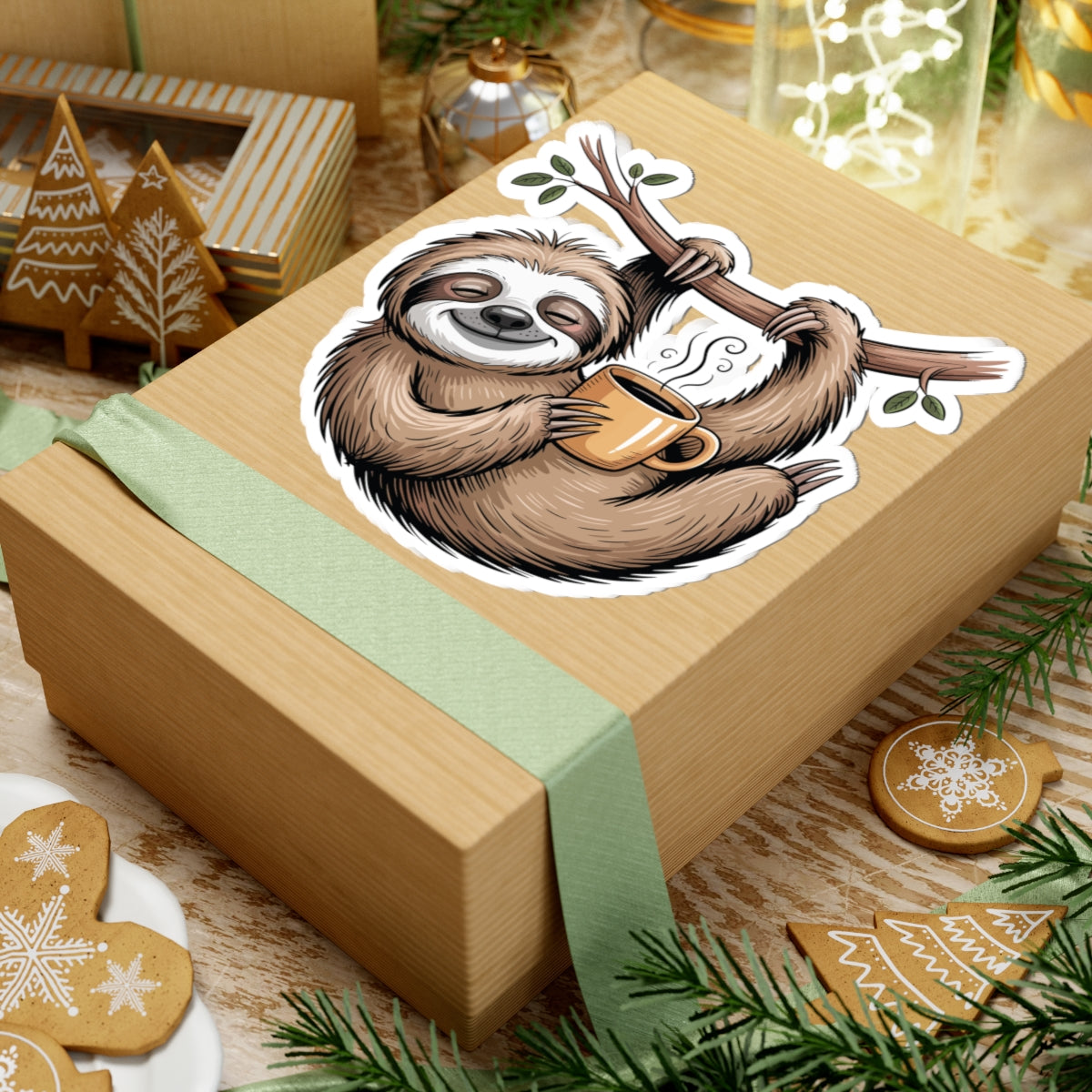TEEZOCA cozy sloth sticker featuring a sleepy cartoon sloth enjoying coffee