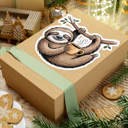 TEEZOCA cozy sloth sticker featuring a sleepy cartoon sloth enjoying coffee