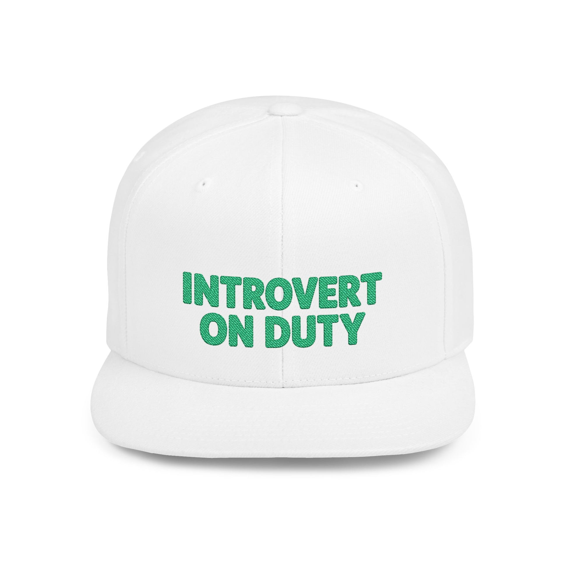 White cap with 'Introvert On Duty' text in green on a white background