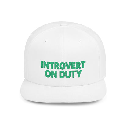 White cap with 'Introvert On Duty' text in green on a white background