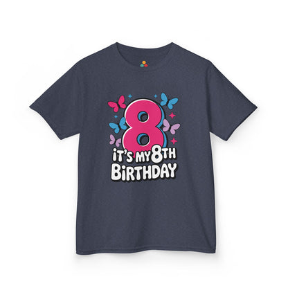 “Charcoal gray ‘It’s My 8th Birthday’ tee with pink 8 and colorful butterflies, kids birthday top, front view.”

