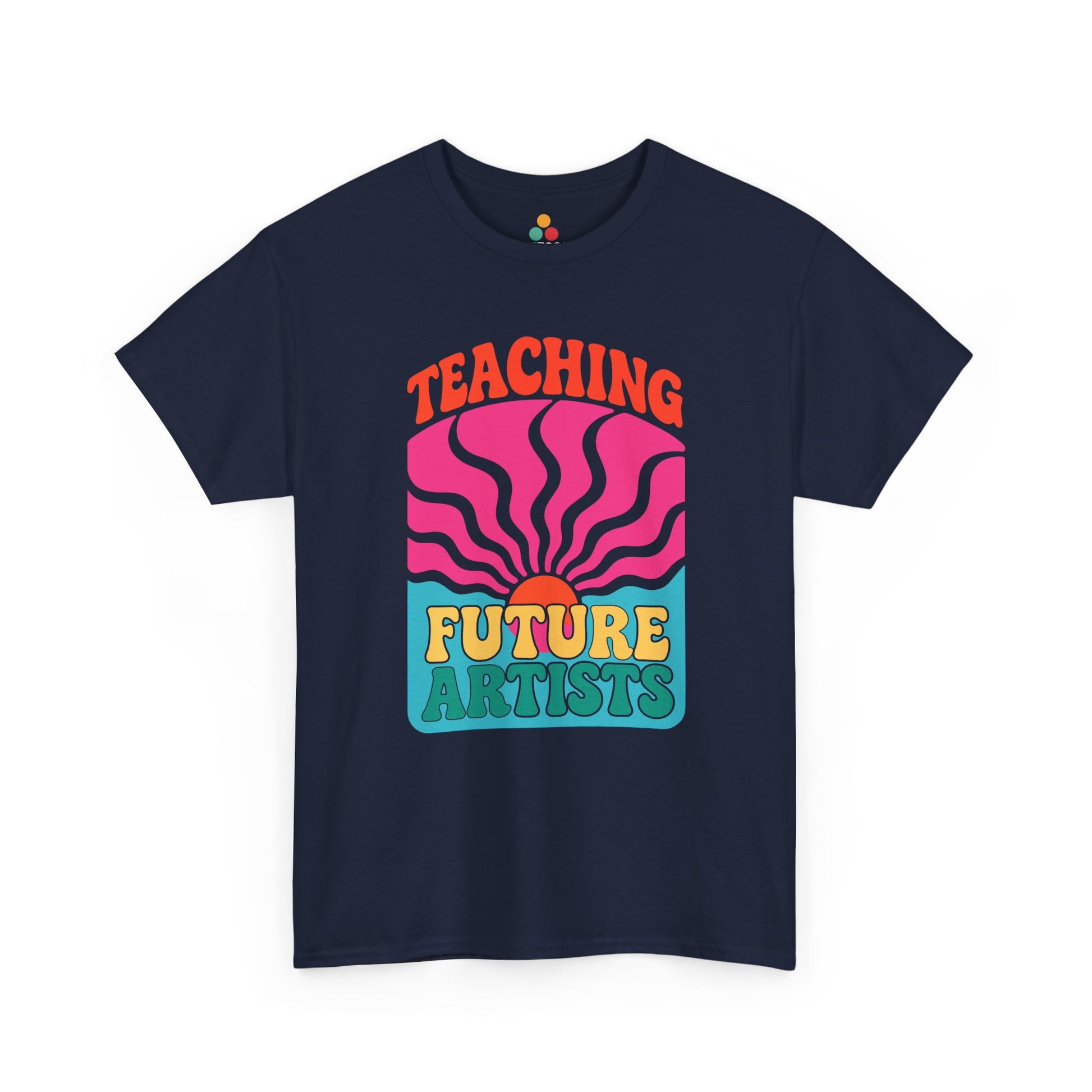 Navy blue t-shirt with colorful graphic and text 'Teaching Future Artists' on a white background