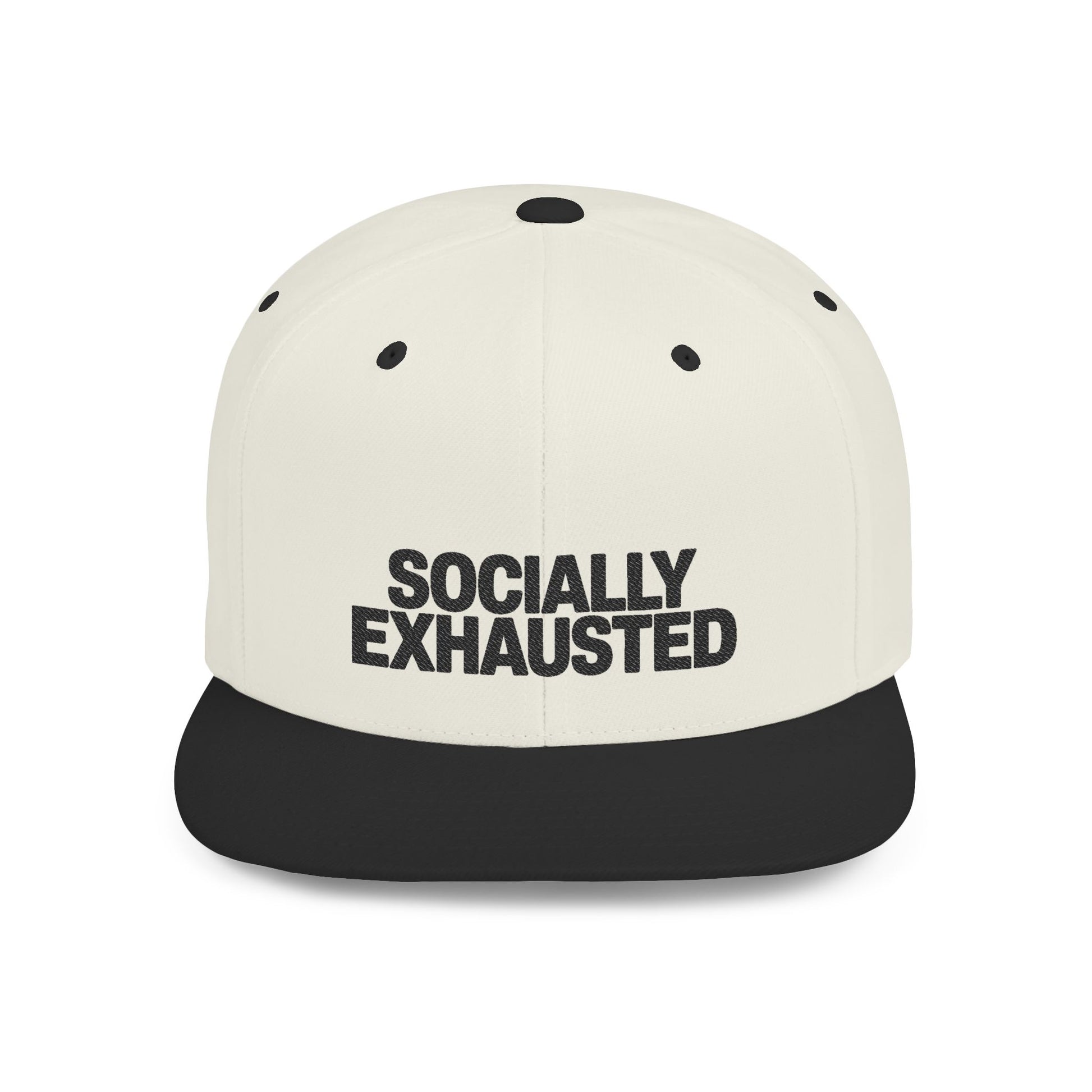 Cap with 'SOCIALLY EXHAusted' text on a white background