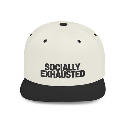 Cap with 'SOCIALLY EXHAusted' text on a white background