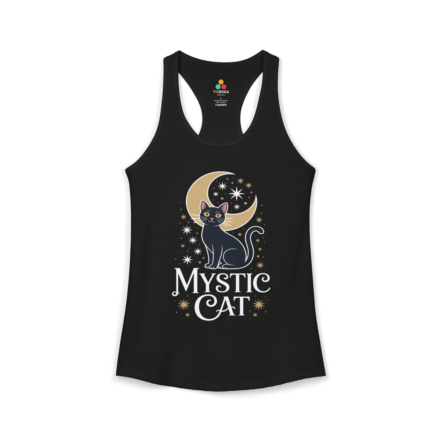 TEEZOCA women’s tank top featuring a black cat and crescent moon artwork Black tank top with a cat and moon design on a white background