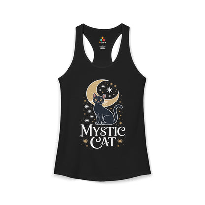 TEEZOCA women’s tank top featuring a black cat and crescent moon artwork Black tank top with a cat and moon design on a white background
