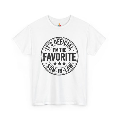 TEEZOCA white “It’s Official I’m The Favorite Son‑in‑Law” stamp graphic t‑shirt shown flat.