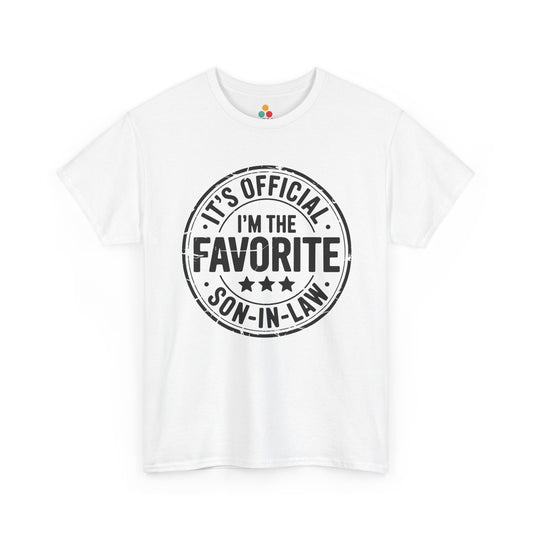 TEEZOCA white “It’s Official I’m The Favorite Son‑in‑Law” stamp graphic t‑shirt shown flat.