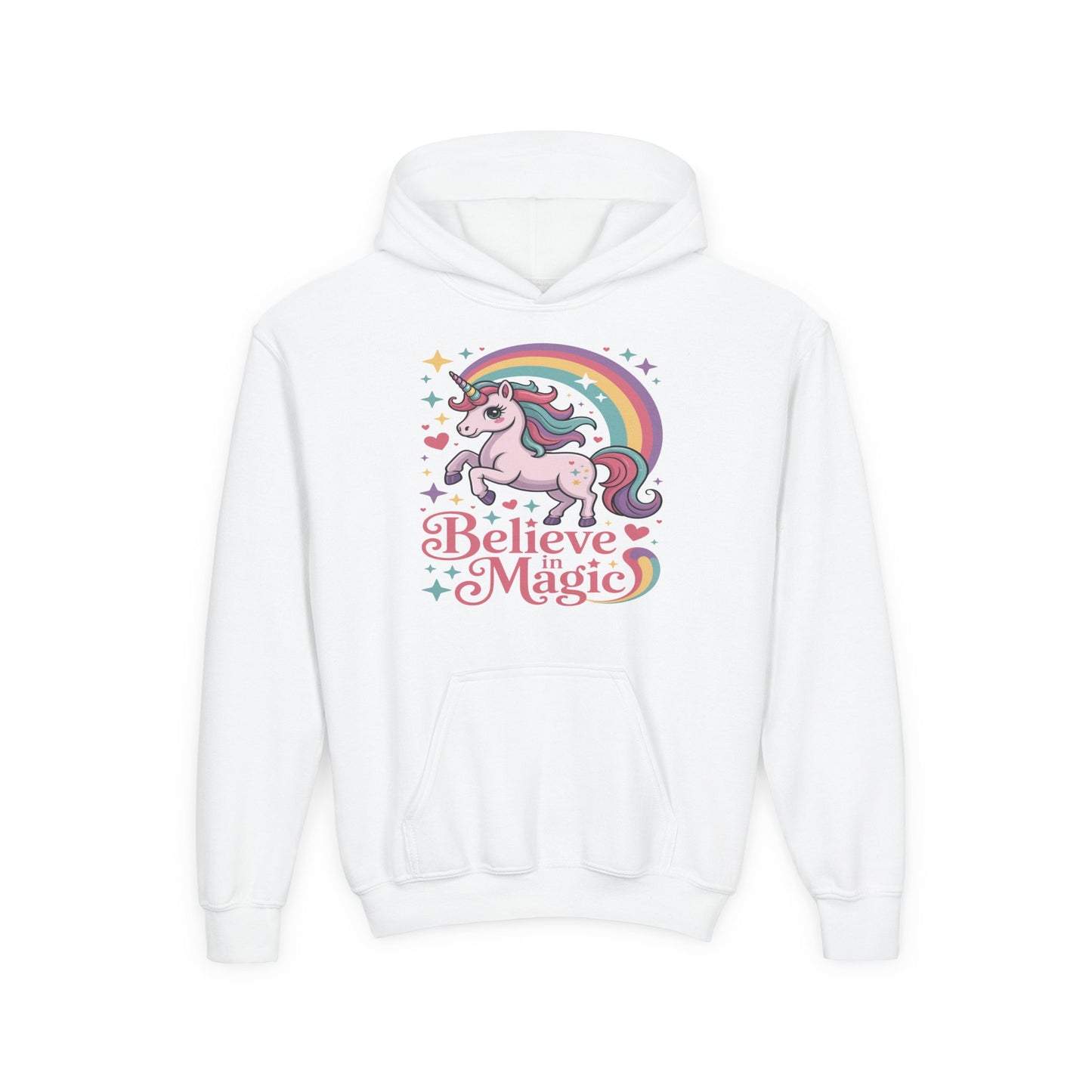 Youth Unicorn Hoodie - "Believe in Magic" Rainbow Pullover TEEZOCA