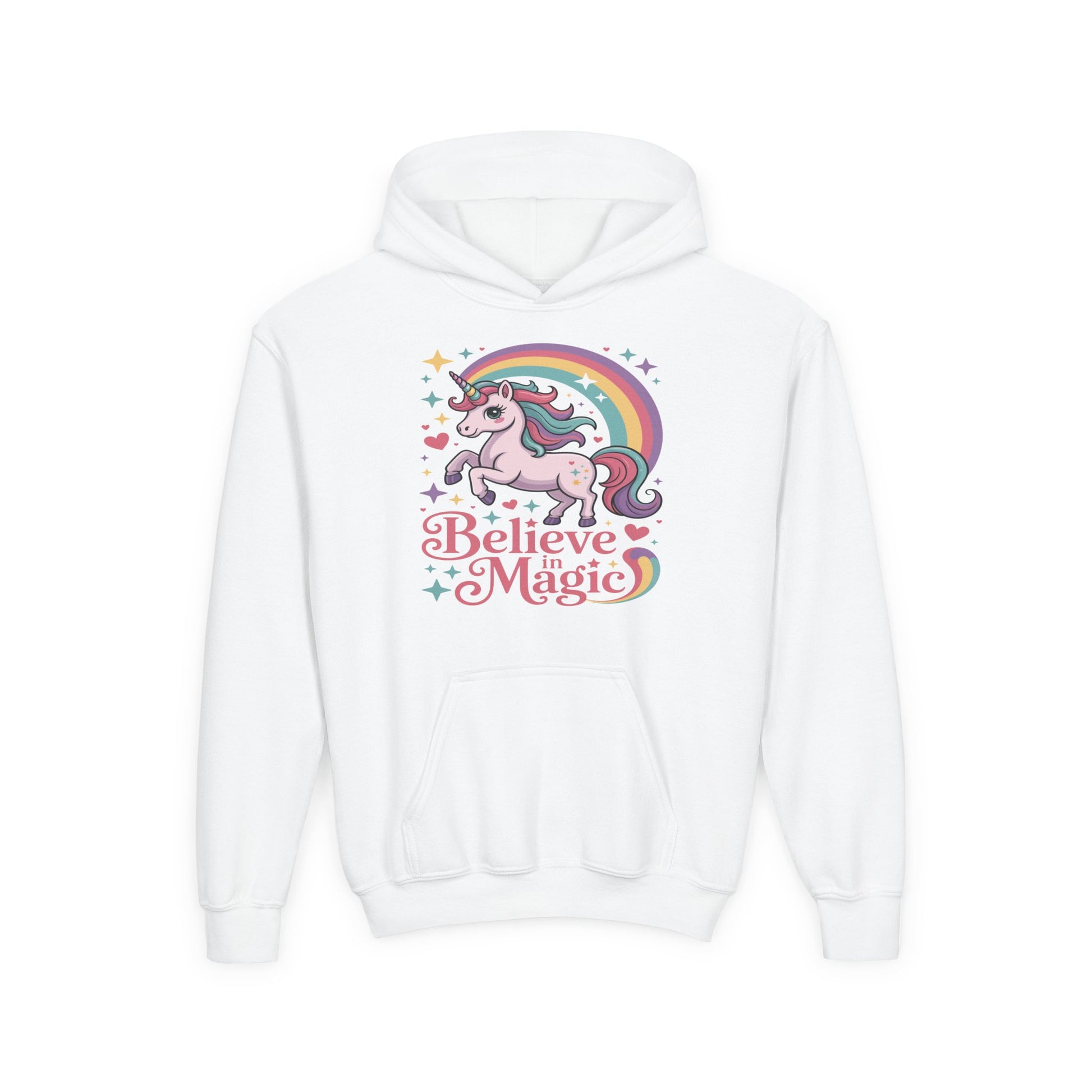 Youth Unicorn Hoodie - "Believe in Magic" Rainbow Pullover TEEZOCA
