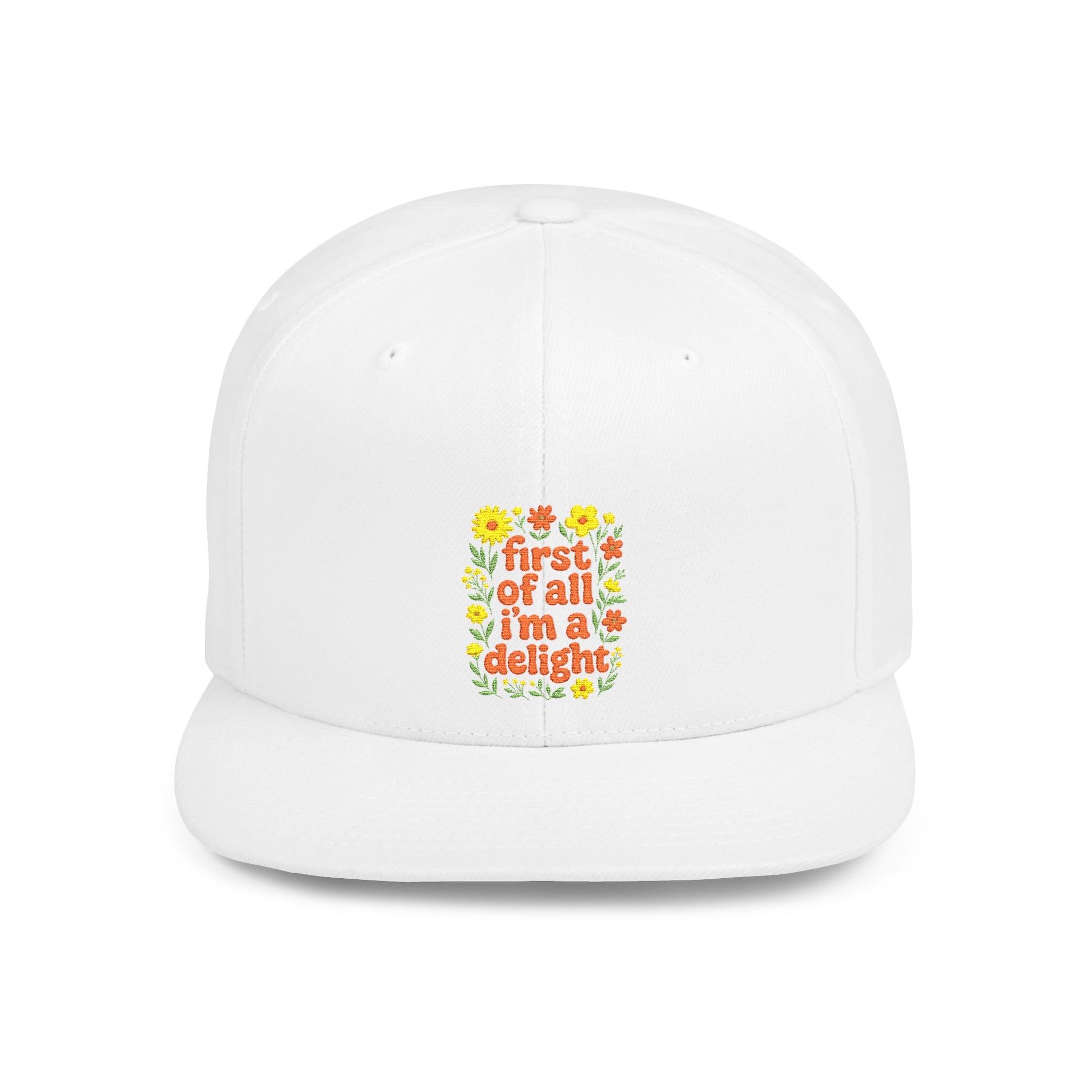 White cap with floral design and text on a white background