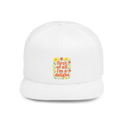 White cap with floral design and text on a white background